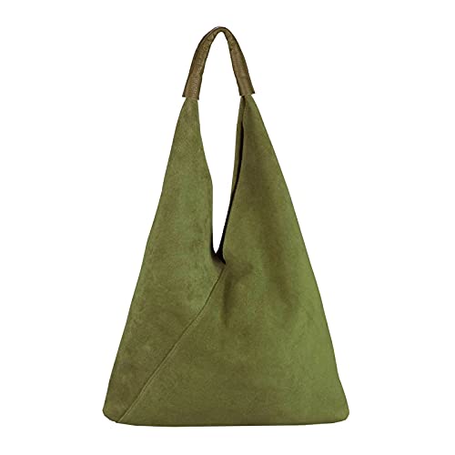 OBC Made in Italy Damen XXL Leder Tasche Handtasche Wildleder Shopper Schultertasche Hobo-Bag Umhängetasche Ledertasche Beuteltasche Velourleder DIN-A4 Grün von ITALYSHOP24