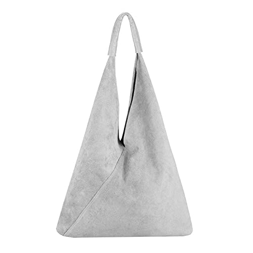 OBC Made in Italy Damen XXL Leder Tasche Handtasche Wildleder Shopper Schultertasche Hobo-Bag Umhängetasche Ledertasche Beuteltasche Velourleder DIN-A4 Hellgrau von ITALYSHOP24.COM