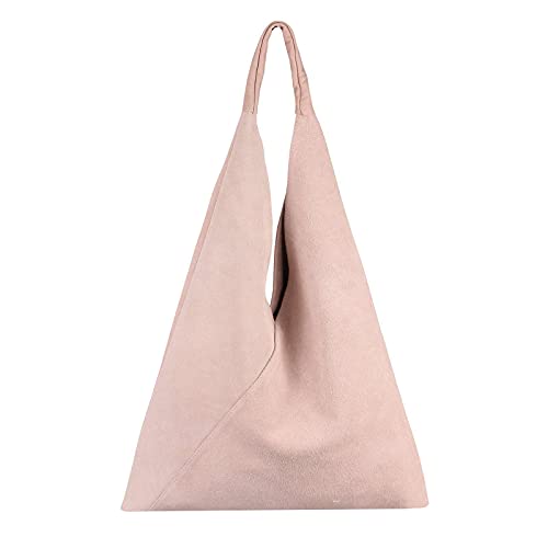 OBC Made in Italy Damen XXL Leder Tasche Handtasche Wildleder Shopper Schultertasche Hobo-Bag Umhängetasche Ledertasche Beuteltasche Velourleder DIN-A4 Hellrosa von ITALYSHOP24