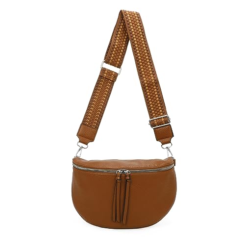 Damen Tasche Crossbody Schultertasche Gürteltasche Messenger-Tasche Hüfttasche Bauchtasche Umhängetasche Cross-Over Bodybag Handytasche Leder Optik Cognac S von ITALYSHOP24