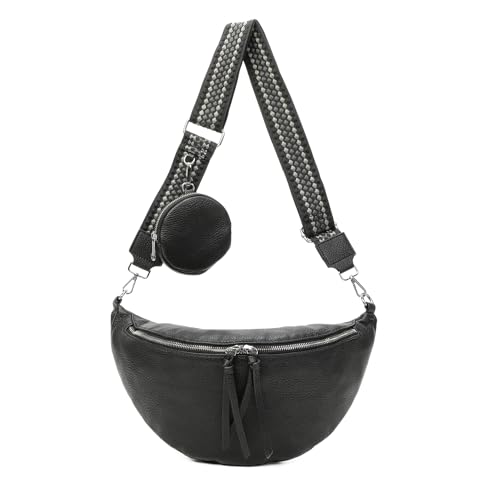Damen Tasche Crossbody Schultertasche Gürteltasche Messenger-Tasche Hüfttasche Bauchtasche Umhängetasche Cross-Over Bodybag Handytasche Leder Optik Schwarz L von ITALYSHOP24