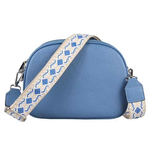 Damen Tasche Crossbody Umhängetasche Gürteltasche Bodybag Schultertasche Crossover Damentasche Kunstleder Handtasche Muster Taschengurt Reise Jeansblau Gurt mit Muster von ITALYSHOP24