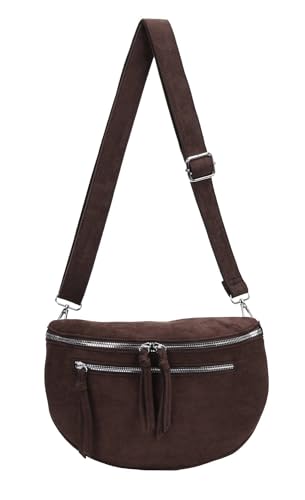 Damen Tasche Gürteltasche Crossbody Leder Optik Hüfttasche Bauchtasche Umhängetasche Cross-Over Bodybag Schultertasche Handytasche Leder Optik Schokobraun von ITALYSHOP24