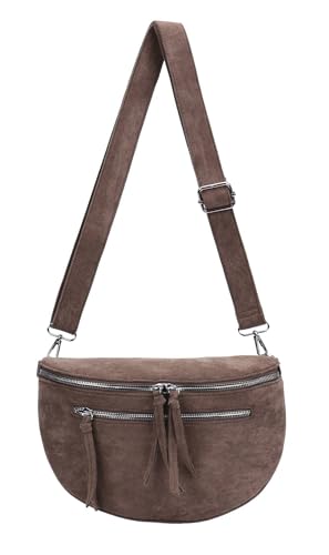 Damen Tasche Gürteltasche Crossbody Leder Optik Hüfttasche Bauchtasche Umhängetasche Cross-Over Bodybag Schultertasche Handytasche Wildleder Dunkeltaupe von ITALYSHOP24