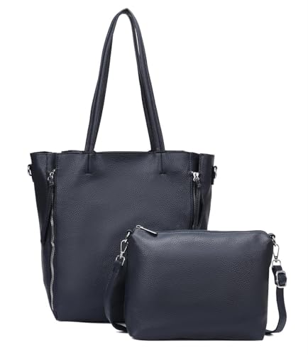 Damen Tasche Set 2in1 Shopper Handtasche Crossbody Hobo Bag Schultertasche Umhängetasche Metallic Cross-Over DIN-A4 Dunkelblau V2 von ITALYSHOP24