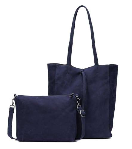 Damen Tasche Set 2in1 Shopper Handtasche Crossbody Hobo Bag Schultertasche Umhängetasche Metallic Cross-Over DIN-A4 Dunkelblau. von ITALYSHOP24