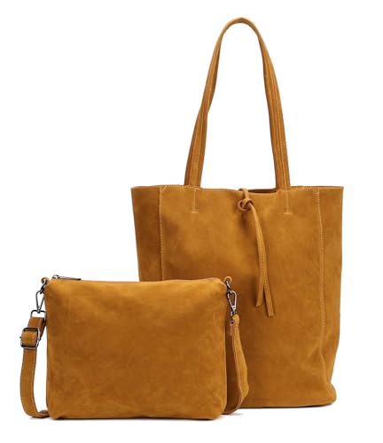 Damen Tasche Set 2in1 Shopper Handtasche Crossbody Hobo Bag Schultertasche Umhängetasche Metallic Cross-Over DIN-A4 Senfgelb von ITALYSHOP24