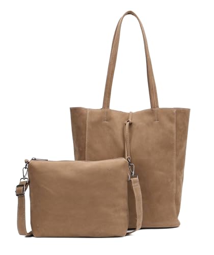 Damen Tasche Set 2in1 Shopper Handtasche Crossbody Hobo Bag Schultertasche Umhängetasche Metallic Cross-Over DIN-A4 Taupe V1 von ITALYSHOP24