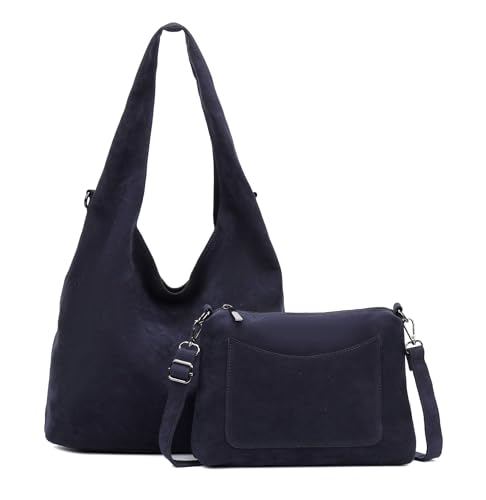 Damen Tasche Set 2in1 Shopper Handtasche Crossbody Wildlederoptik Hobo Bag Schultertasche Cross Over Umhängetasche Samt (Blau) von ITALYSHOP24