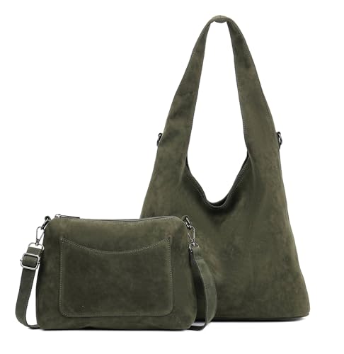 Damen Tasche Set 2in1 Shopper Handtasche Crossbody Wildlederoptik Hobo Bag Schultertasche Cross Over Umhängetasche Samt (Olivgrün) von ITALYSHOP24