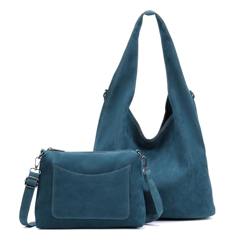 Damen Tasche Set 2in1 Shopper Handtasche Crossbody Wildlederoptik Hobo Bag Schultertasche Cross Over Umhängetasche Samt (Petrol) von ITALYSHOP24