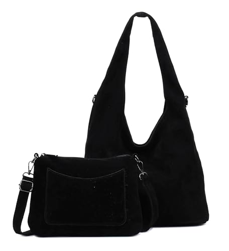 Damen Tasche Set 2in1 Shopper Handtasche Crossbody Wildlederoptik Hobo Bag Schultertasche Cross Over Umhängetasche Samt (Schwarz) von ITALYSHOP24
