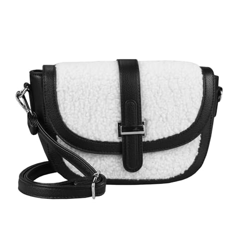 Damen Teddyfell Tasche Schultertasche Crossbody Kunstfell Umhängetasche Crossover Überschlagtasche Bodybag Pelz Fell Plüsch Weiß von ITALYSHOP24