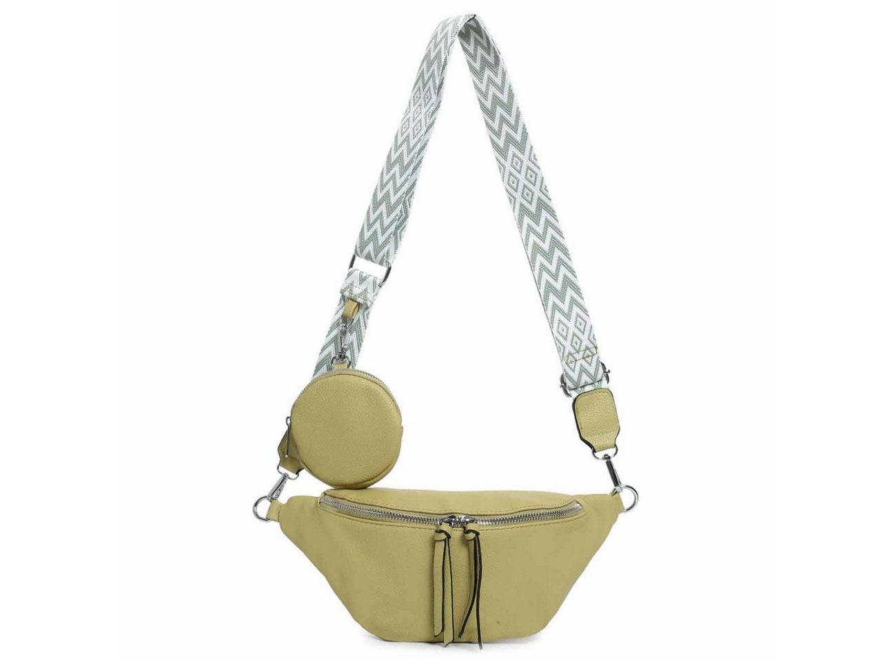 ITALYSHOP24 Bauchtasche Damen Brusttasche Schultertasche CrossBody Geldtasche leicht Gewicht (Spar-Set aus einer Tasche mit einem breitem Muster Stoffgurt/Umhängeband, 2-tlg), Bodybag Umhängetasche Handytasche Hüfttasche Crossover Leder Optik von ITALYSHOP24