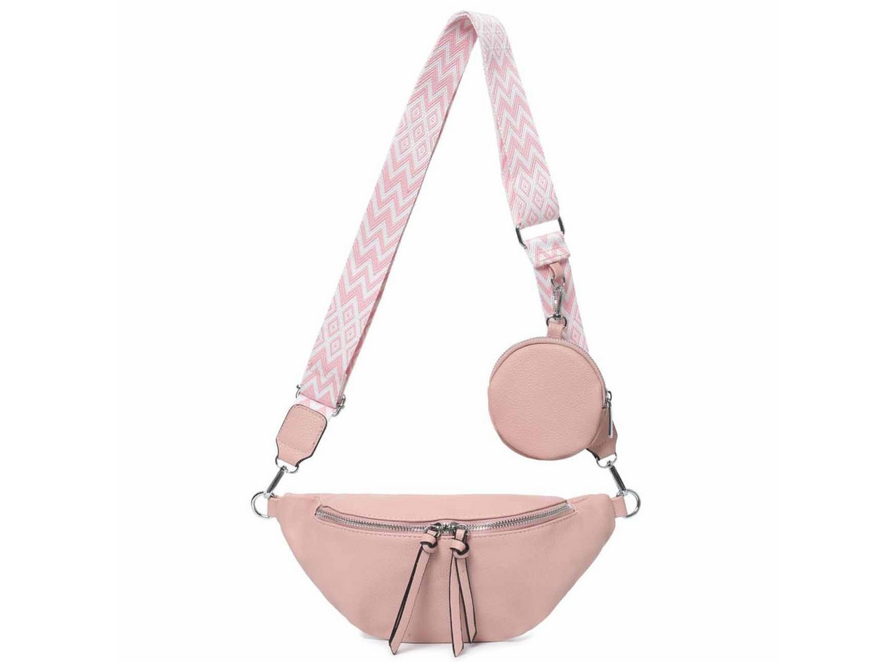 ITALYSHOP24 Bauchtasche Damen Brusttasche Schultertasche CrossBody Geldtasche leicht Gewicht (Spar-Set aus einer Tasche mit einem breitem Muster Stoffgurt/Umhängeband, 2-tlg), Bodybag Umhängetasche Handytasche Hüfttasche Crossover Leder Optik von ITALYSHOP24