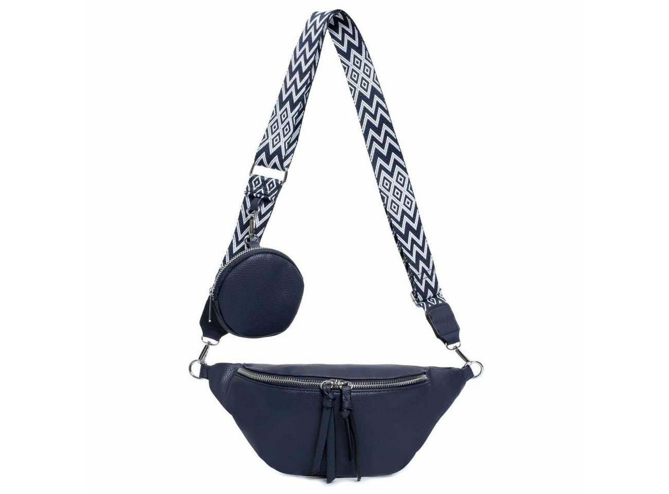 ITALYSHOP24 Bauchtasche Damen Brusttasche Schultertasche CrossBody Geldtasche leicht Gewicht (Spar-Set aus einer Tasche mit einem breitem Muster Stoffgurt/Umhängeband, 2-tlg), Bodybag Umhängetasche Handytasche Hüfttasche Crossover Leder Optik von ITALYSHOP24