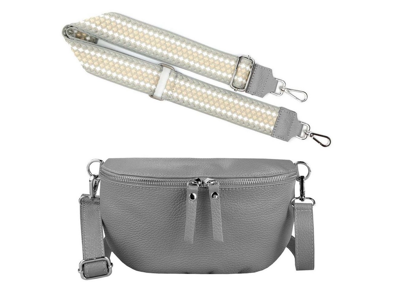 ITALYSHOP24 Bauchtasche Made in Italy Damen Leder Brusttasche Gürteltasche CrossBody Bodybag (Spar-Set aus einer Tasche mit dem Ledergurt und einem breitem Stoffgurt/Umhängeband), 1 Tasche & 2 Gurte, Schultertasche, Umhängetasche mit 2 Schulterriemen von ITALYSHOP24