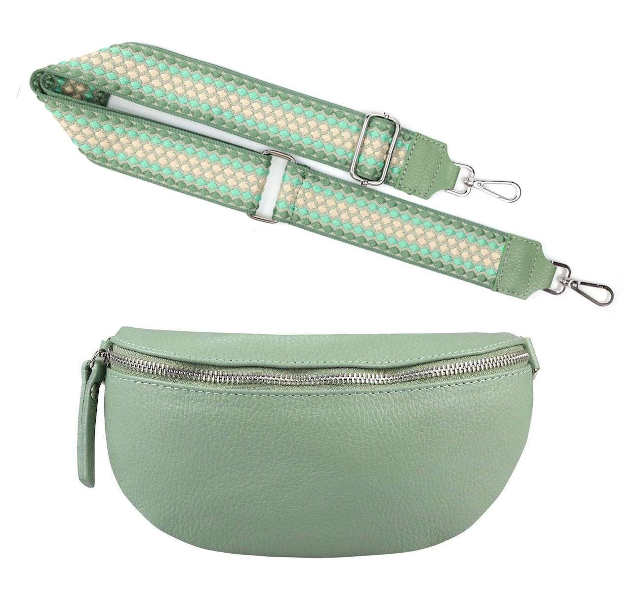ITALYSHOP24 Bauchtasche Made in Italy Damen Leder Brusttasche Gürteltasche CrossBody Bodybag (Spar-Set aus einer Tasche mit dem Ledergurt und einem breitem Stoffgurt/Umhängeband, Crossbody Bag mit zusätzlichen Riemen), 1 Tasche & 2 Gurte, Schultertasche, Umhängetasche mit 2 Schulterriemen von ITALYSHOP24