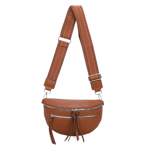 ITALYSHOP24 Damen Tasche Umhängetasche Brusttasche Muster Gürtel Bauchtasche Crossbody Gürteltasche Hüfttasche Crossover Bodybag Schultertasche Handytasche Leder Optik Cognac S von ITALYSHOP24