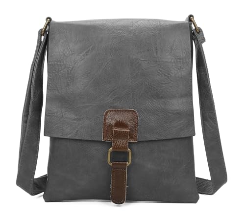 ITALYSHOP24 OBC Damen Tasche Crossbody Handtasche Messenger Schultertasche Umhängetasche Shopper Tablettasche bis ca. 7-8 Zoll Überschlagtasche Leder Optik Dunkelgrau von ITALYSHOP24