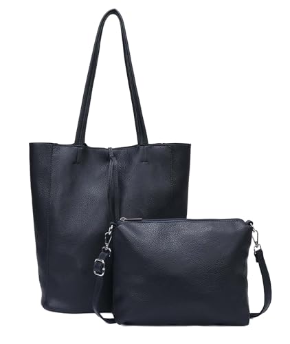 Damen Tasche Set 2in1 Shopper Handtasche Crossbody Hobo Bag Schultertasche Umhängetasche Metallic Cross-Over DIN-A4 Dunkelblau von ITALYSHOP24