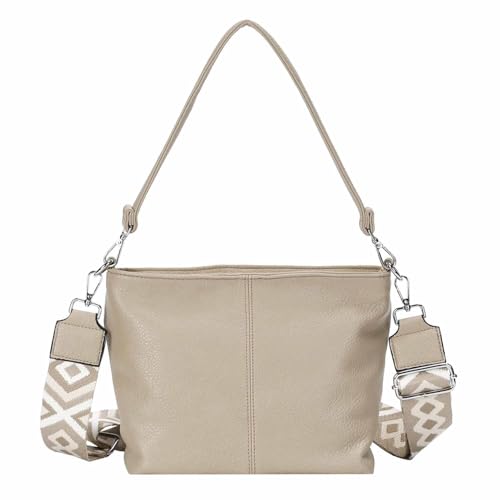 ITALYSHOP24 OBC Damen Tasche Shopper Brusttasche Hobo Bag Schultertasche Crossbody Umhängetasche Beuteltasche Handtasche Crossover BodyBag Leder Optik Taupe von ITALYSHOP24