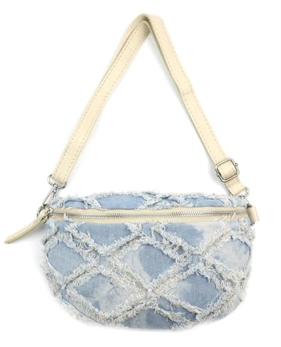 ITALYSHOP24 OBC Made in Italy Damen Brusttasche Jeans Leder Tasche Bauchtasche Hüfttasche Schultertasche Bodybag Umhängetasche Crossbody Handytasche Crossbag Gürteltasche Hellblau S (Jeansstoff) von ITALYSHOP24