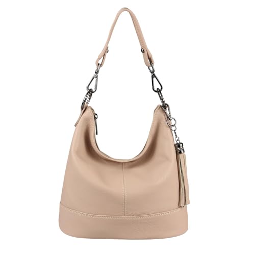 OBC Made in Italy Damen Leder Tasche Umhängetasche Shopper Schultertasche Handtasche Crossbody Hobo Bag Crossover Ledertasche Damentasche Fransen Antikrosa von ITALYSHOP24