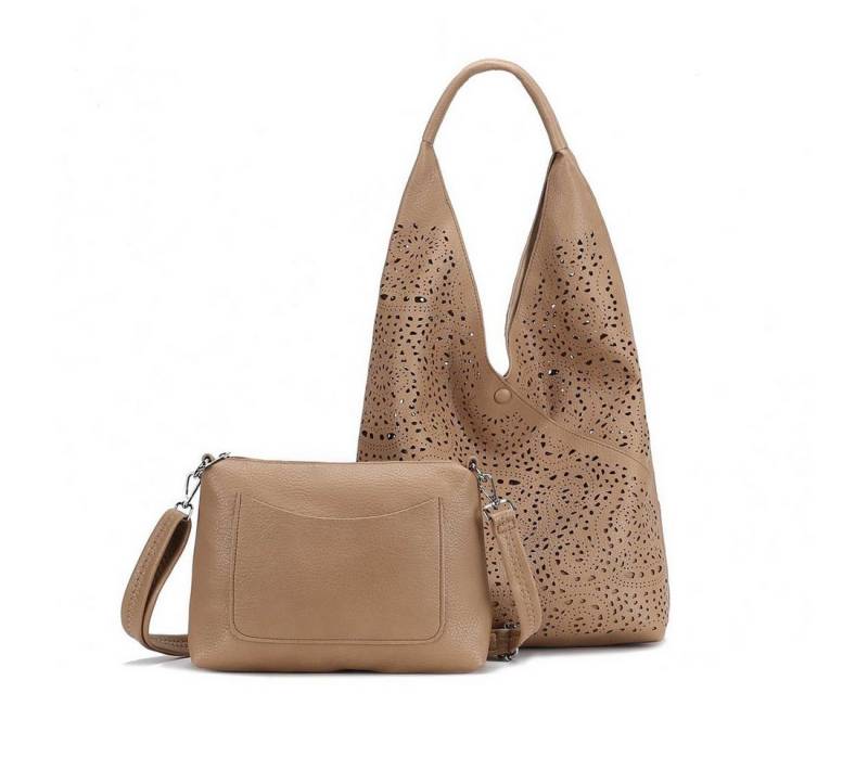 ITALYSHOP24 Schultertasche DAMEN XXL SHOPPER Set HOBO Cross Over Body Bag Umhängetasche Beutel (Spar-Set: Henkel Tasche mit CrossOver, Workbag Schule Tote Weekender, 2-tlg), Schmucktasche Smartphone Freizeit Abend Urlaub Leder Optik leicht von ITALYSHOP24