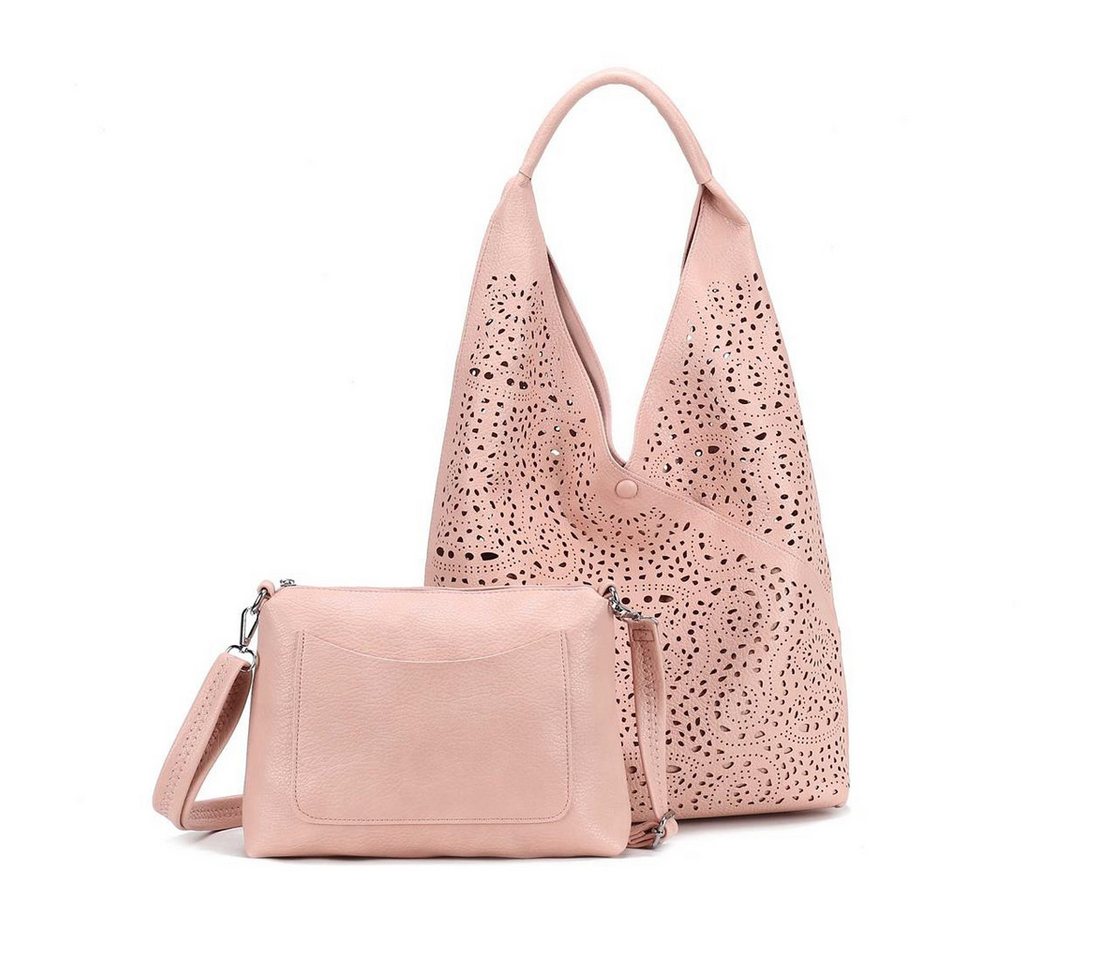 ITALYSHOP24 Schultertasche DAMEN XXL SHOPPER Set HOBO Cross Over Body Bag Umhängetasche Beutel (Spar-Set: Henkel Tasche mit CrossOver, Workbag Schule Tote Weekender, 2-tlg), Schmucktasche Smartphone Freizeit Abend Urlaub Leder Optik leicht von ITALYSHOP24