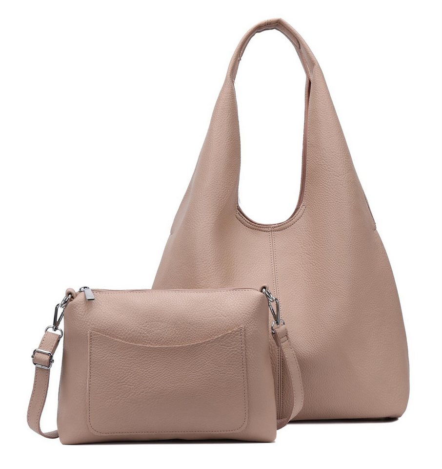 ITALYSHOP24 Schultertasche DAMEN XXL SHOPPER Set HOBO Cross Over Body Bag Umhängetasche Beutel (Spar-Set: Henkel Tasche mit CrossOver, Workbag Schule Tote Weekender, 2-tlg), Schmucktasche Smartphone Freizeit Abend Urlaub Leder Optik leicht von ITALYSHOP24