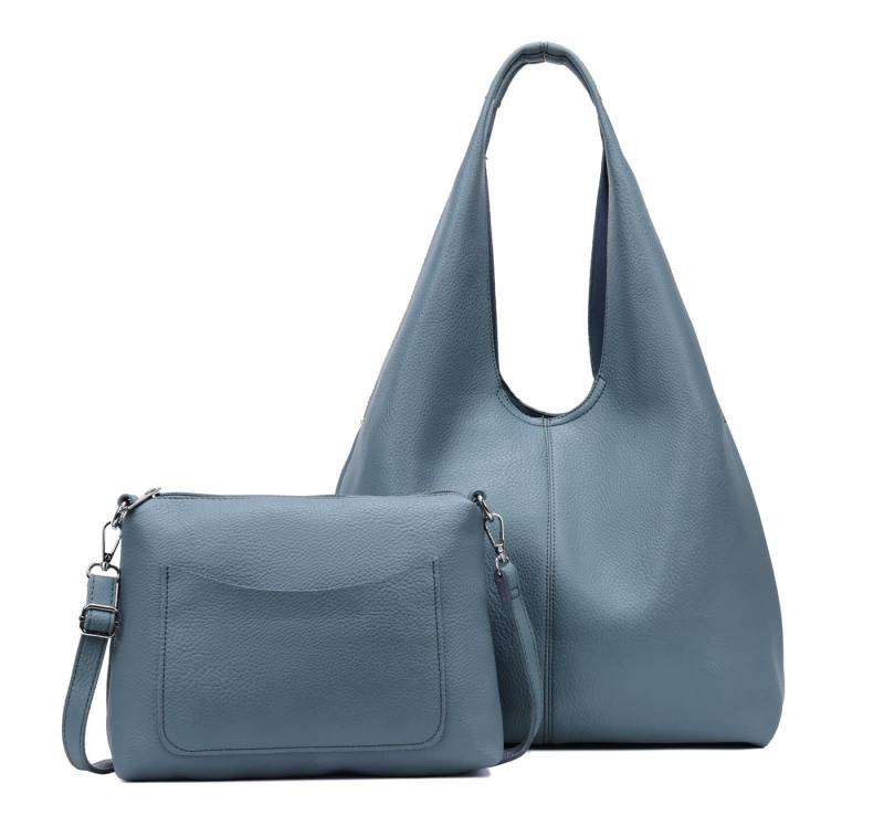 ITALYSHOP24 Schultertasche DAMEN XXL SHOPPER Set HOBO Cross Over Body Bag Umhängetasche Beutel (Spar-Set: Henkel Tasche mit CrossOver, Workbag Schule Tote Weekender, 2-tlg), Schmucktasche Smartphone Freizeit Abend Urlaub Leder Optik leicht von ITALYSHOP24