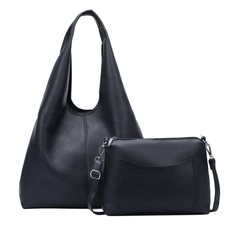ITALYSHOP24 Schultertasche DAMEN XXL SHOPPER Set HOBO Cross Over Body Bag Umhängetasche Beutel (Spar-Set: Henkel Tasche mit CrossOver, Workbag Schule Tote Weekender, 2-tlg), Schmucktasche Smartphone Freizeit Abend Urlaub Leder Optik leicht von ITALYSHOP24