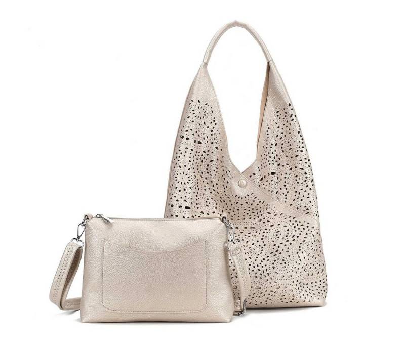 ITALYSHOP24 Schultertasche DAMEN XXL SHOPPER Set HOBO Cross Over Body Bag Umhängetasche Beutel (Spar-Set: Henkel Tasche mit CrossOver, Workbag Schule Tote Weekender, 2-tlg), Schmucktasche Smartphone Freizeit Abend Urlaub Leder Optik leicht von ITALYSHOP24
