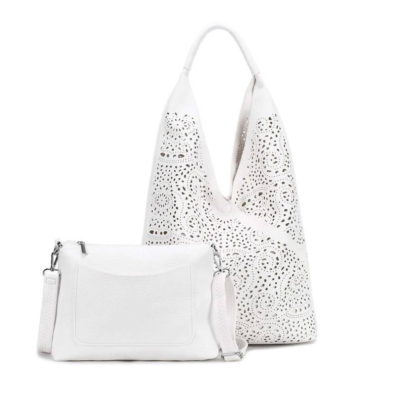 ITALYSHOP24 Schultertasche DAMEN XXL SHOPPER Set HOBO Cross Over Body Bag Umhängetasche Beutel (Spar-Set: Henkel Tasche mit CrossOver, Workbag Schule Tote Weekender, 2-tlg), Schmucktasche Smartphone Freizeit Abend Urlaub Leder Optik leicht von ITALYSHOP24