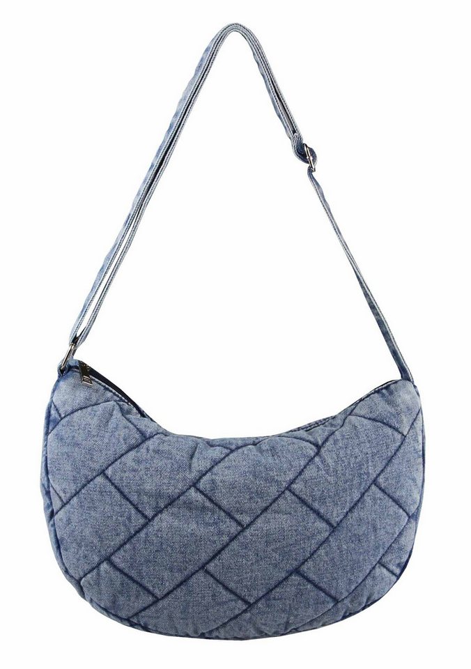 ITALYSHOP24 Schultertasche Damen Jeans Tasche Shopper Hobo-Bag CrossBody Crossover Brusttasche, Vintage Umhängetasche Runde MOON Bag Denim Vintage gesteppte Used Look von ITALYSHOP24