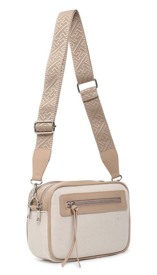 ITALYSHOP24 Schultertasche Damen Tasche Crossbody Canvas Umhängetasche Brusttasche Leder Optik (Spar-Set Clutch-Tasche mit einem breitem Muster Stoffgurt/Umhängeband, Leder Optik), viele Fächer, Crossover Freizeit Damentasche Camera Bag Kosmetiktasche von ITALYSHOP24