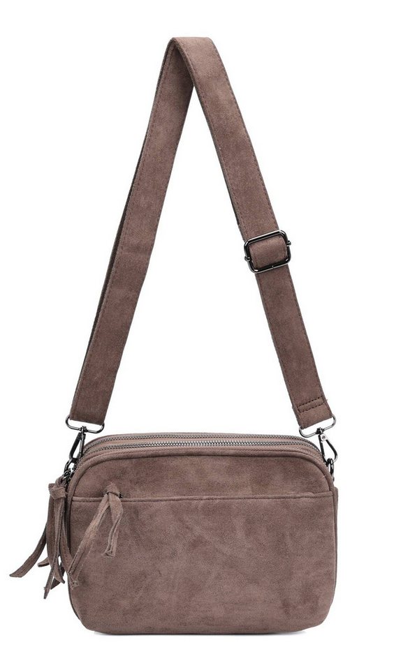ITALYSHOP24 Schultertasche Damen Tasche Umhängetasche Brusttasche Veganes Wildleder CrossOver (Spar-Set Clutch-Tasche mit 3 Fächern, einem breitem Stoffgurt/Umhängeband, Wildleder Optik), Stoff Tasche LEO Body Bag Vintage Velours Abendtasche Henkeltasche von ITALYSHOP24