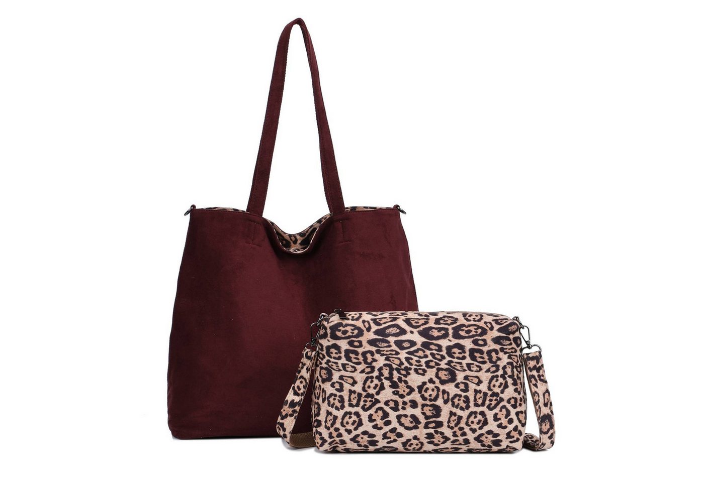 ITALYSHOP24 Schultertasche XL Damen Tasche Set 2in1 Shopper Tote Bag Crossbody Velours CrossOver (Spar-Set 2 in1 Hobo + Crossbody Bag / Schmucktasche, Leichtgewicht), Leopard Umhängetasche Body Bag Beuteltasche Freizeit Henkeltasche Samt von ITALYSHOP24