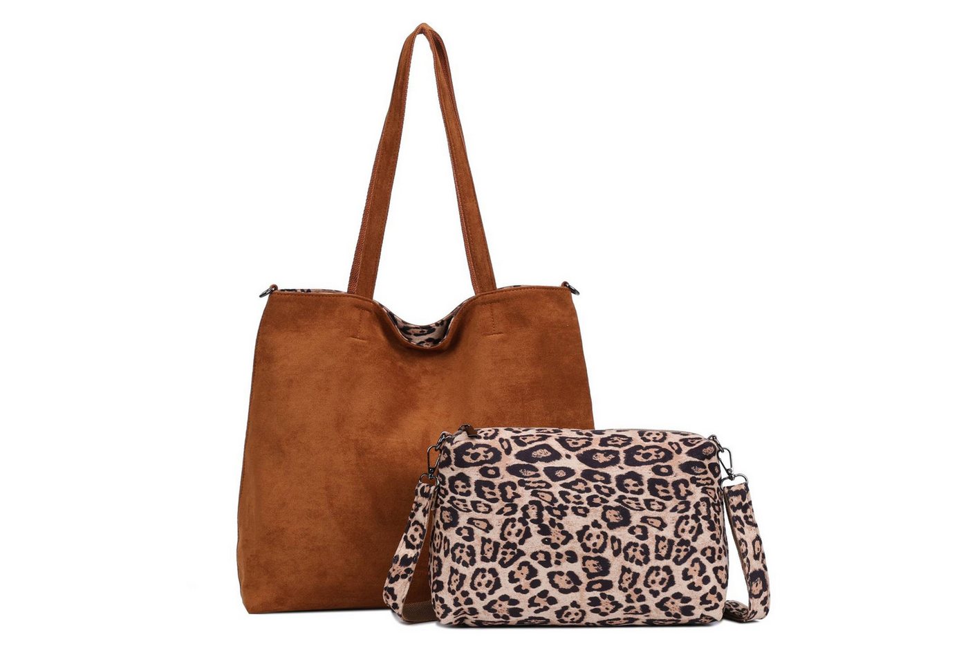 ITALYSHOP24 Schultertasche XL Damen Tasche Set 2in1 Shopper Tote Bag Crossbody Velours CrossOver (Spar-Set 2 in1 Hobo + Crossbody Bag / Schmucktasche, Leichtgewicht), Leopard Umhängetasche Body Bag Beuteltasche Freizeit Henkeltasche Samt von ITALYSHOP24