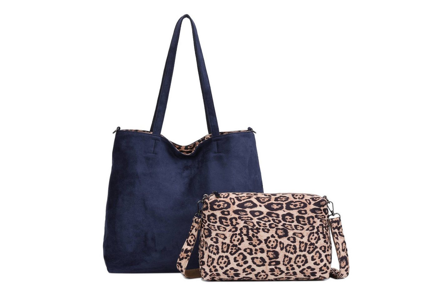 ITALYSHOP24 Schultertasche XL Damen Tasche Set 2in1 Shopper Tote Bag Crossbody Velours CrossOver (Spar-Set 2 in1 Hobo + Crossbody Bag / Schmucktasche, Leichtgewicht), Leopard Umhängetasche Body Bag Beuteltasche Freizeit Henkeltasche Samt von ITALYSHOP24