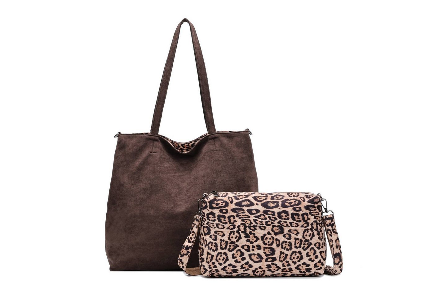 ITALYSHOP24 Schultertasche XL Damen Tasche Set 2in1 Shopper Tote Bag Crossbody Velours CrossOver (Spar-Set 2 in1 Hobo + Crossbody Bag / Schmucktasche, Leichtgewicht), Leopard Umhängetasche Body Bag Beuteltasche Freizeit Henkeltasche Samt von ITALYSHOP24
