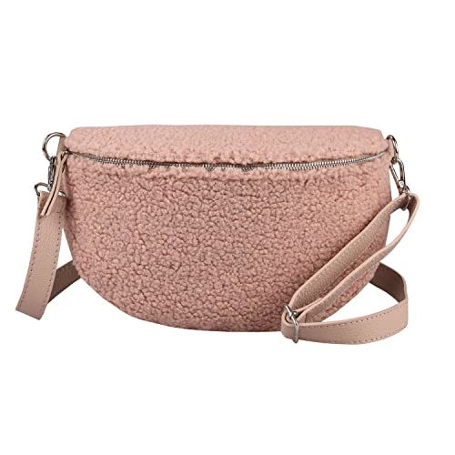 Made in Italy Damen Leder Gürteltasche Crossbody Teddyfell Bauchtasche Hüfttasche Kunstfell Plüsch Umhängetasche Brusttasche Crossover Bodybag Schultertasche Handytasche Altrosa 30x20x7 cm von ITALYSHOP24