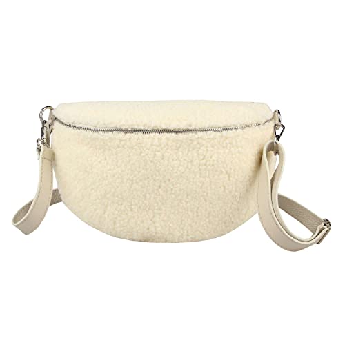 Made in Italy Damen Leder Gürteltasche Crossbody Teddyfell Bauchtasche Hüfttasche Kunstfell Plüsch Umhängetasche Brusttasche Crossover Bodybag Schultertasche Handytasche Beige 30x20x7 cm von ITALYSHOP24