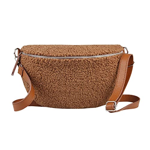 Made in Italy Damen Leder Gürteltasche Crossbody Teddyfell Bauchtasche Hüfttasche Kunstfell Plüsch Umhängetasche Brusttasche Crossover Bodybag Schultertasche Handytasche Braun 30x20x7 cm von ITALYSHOP24