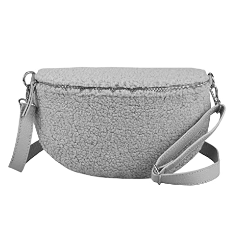 Made in Italy Damen Leder Gürteltasche Crossbody Teddyfell Bauchtasche Hüfttasche Kunstfell Plüsch Umhängetasche Brusttasche Crossover Bodybag Schultertasche Handytasche Grau 30x20x7 cm von ITALYSHOP24