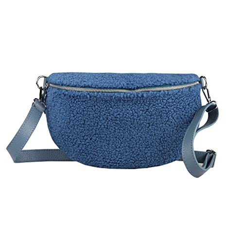 Made in Italy Damen Leder Gürteltasche Crossbody Teddyfell Bauchtasche Hüfttasche Kunstfell Plüsch Umhängetasche Brusttasche Crossover Bodybag Schultertasche Handytasche Jeansblau 30x20x7 cm von ITALYSHOP24