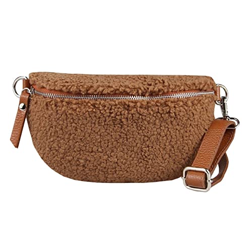 Made in Italy Damen Leder Gürteltasche Crossbody Teddyfell Bauchtasche Hüfttasche Kunstfell Umhängetasche Brusttasche Crossover Bodybag Schultertasche Handytasche Teddy Pelz Fell Plüsch Braun von ITALYSHOP24