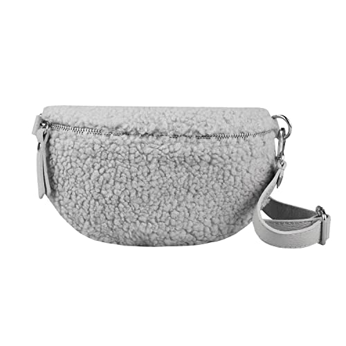 Made in Italy Damen Leder Gürteltasche Crossbody Teddyfell Bauchtasche Hüfttasche Kunstfell Umhängetasche Brusttasche Crossover Bodybag Schultertasche Handytasche Teddy Pelz Fell Plüsch Grau von ITALYSHOP24