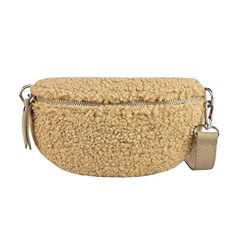 Made in Italy Damen Leder Gürteltasche Crossbody Teddyfell Bauchtasche Hüfttasche Kunstfell Umhängetasche Brusttasche Crossover Bodybag Schultertasche Handytasche Teddy Pelz Fell Plüsch Taupe von ITALYSHOP24